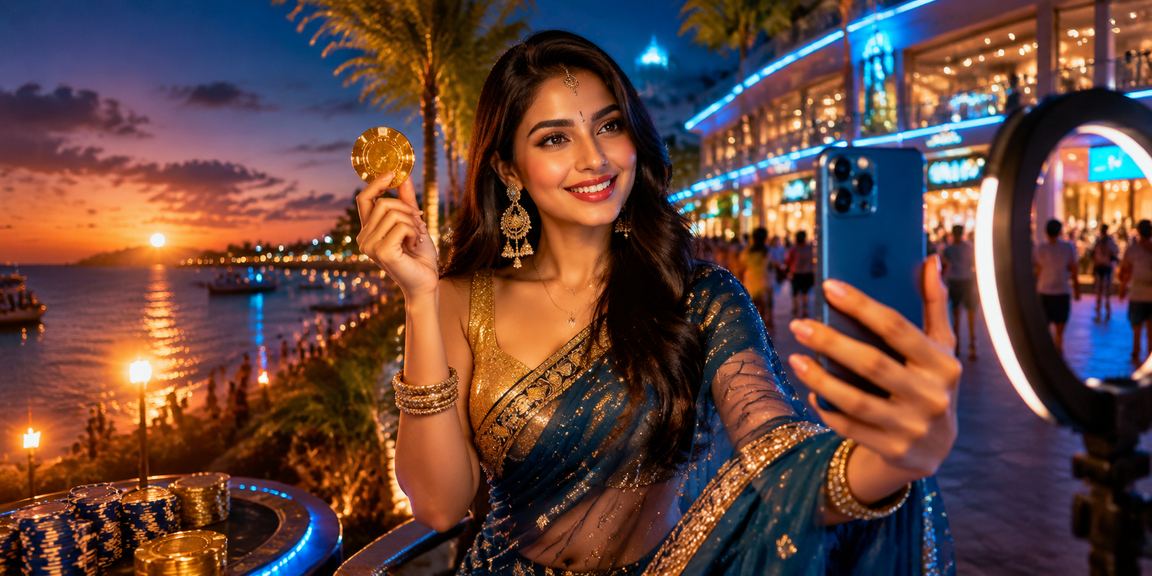 সেন্ট মার্টিন দ্বীপে শাড়ি পরা নারী pinnacle মোবাইলে স্পোর্টস বেটিং করছেন